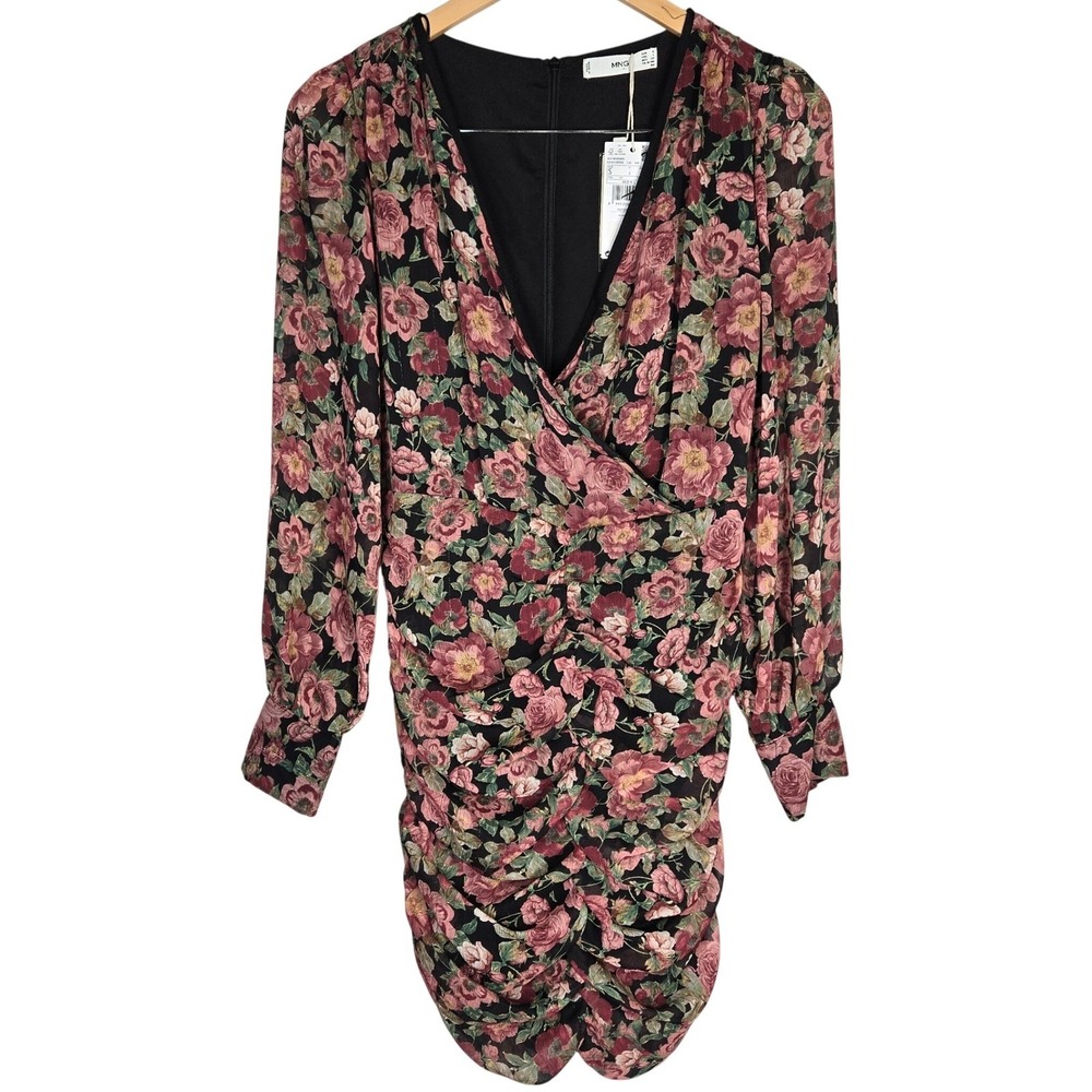 MNG Mango Women's Floral Long Sleeve Mini Dress Ruched Bodycon V Neck
